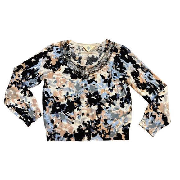 Anthropologie HWR Monogram Beaded Collar Crop Cardigan Sweater Abstract Pattern - Picture 1 of 14